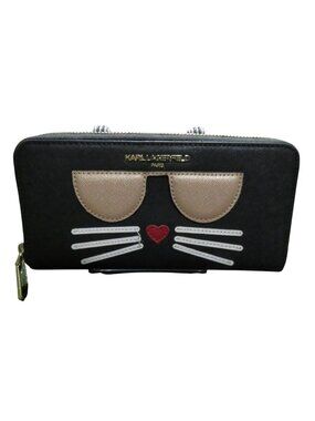 KARL LAGERFELD Maybelle Choupette Hermione Black Cat Face Zip Around Long Wallet